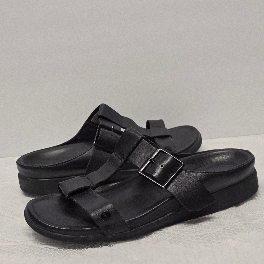 Strive Santorini II Genuine Black Leather Slide Wedged Sandals Womens 9.5